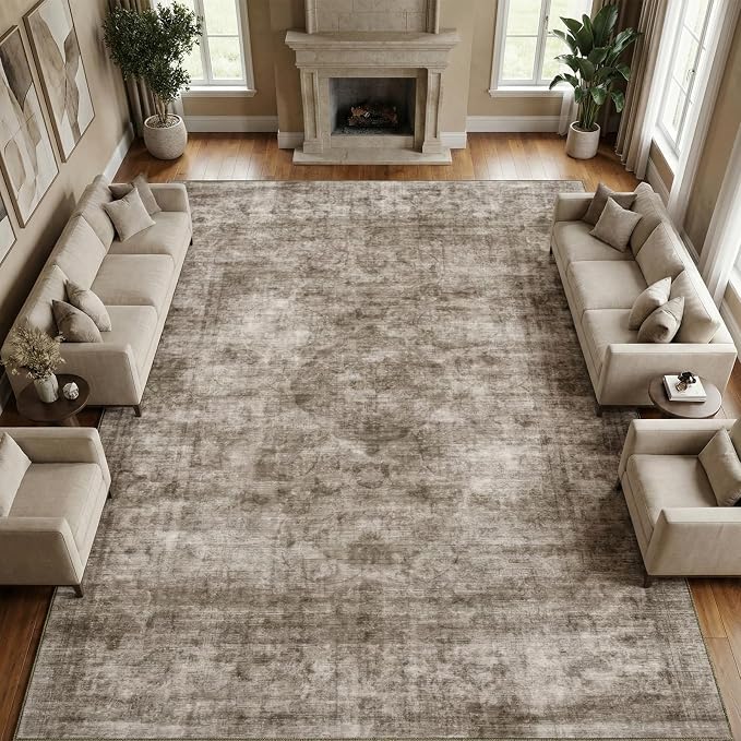 Homemate Washable Rug 10x14 Area Rugs - Vintage Faux Wool Rugs for Living Room Bedroom Dining Room - Non Slip Foldable Carpet Indoor Area Rug for Home Decor（10'x14', Brown
