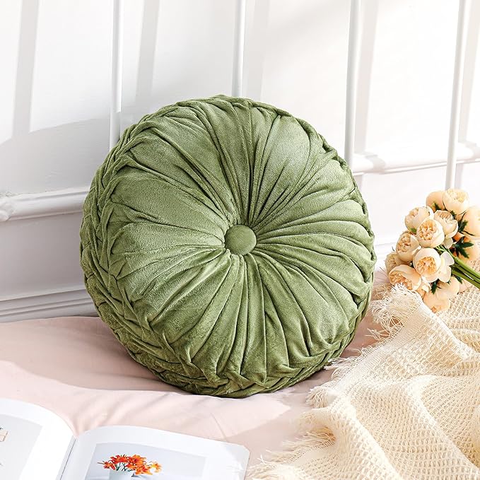 Drydiet 1 Pcs Round Throw Velvet Pillows Decorative Pleated Throw Pillows Diameter Accent Pumpkin Boho Chair Cushion for Couch Sofa Home Decoration (Olive Green,15'')