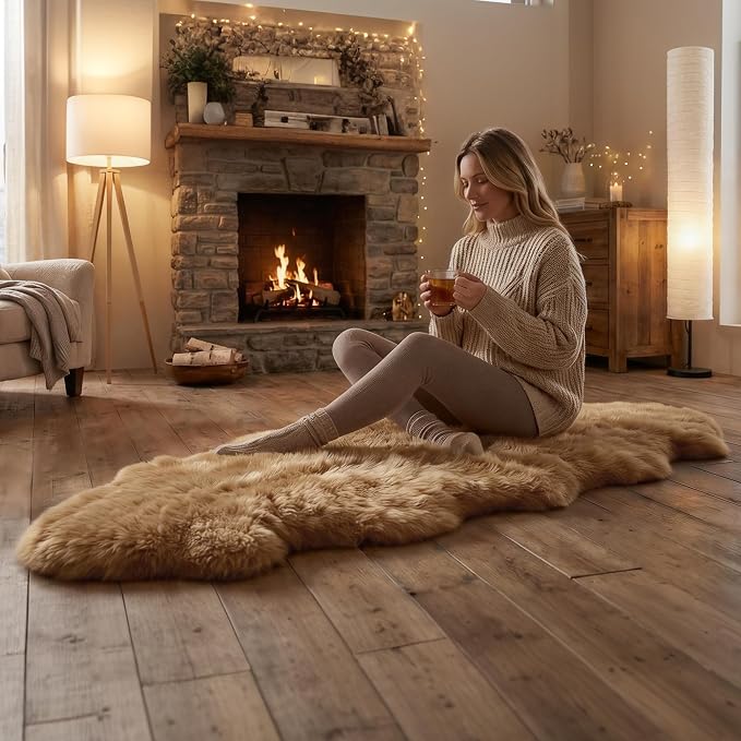 Premium Genuine Sheepskin Area Ruge - Real Wool Fur Shaggy Carpet | Fluffy Soft Natural Lambskin Rug Seat Chair Covers for Couch Sofa Bedroom Living Room(Tan,2×6 Feet Sheepskin)