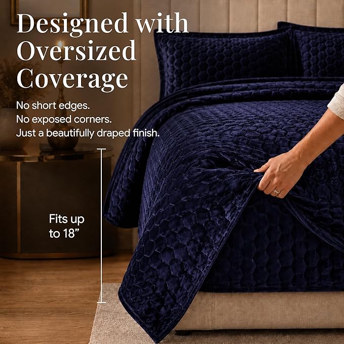 Tribeca Living Lugano Oversized Velvet Quilt Set - All Season, Extra Large, 3 Piece King Size Comforter Set with 2 Pillow Shams in Indigo Honeycomb Pattern 260GSM