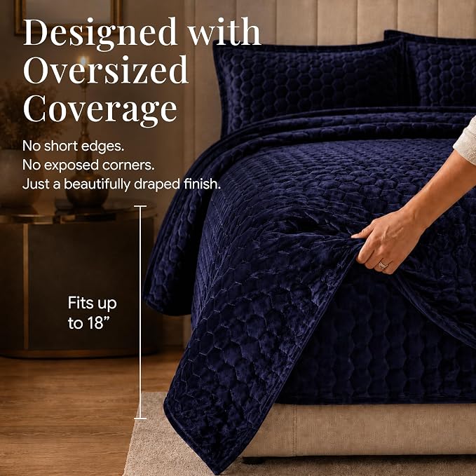 Tribeca Living Lugano Oversized Velvet Quilt Set - All Season, Extra Large, 3 Piece Queen Size Comforter Set with 2 Pillow Shams in Indigo Honeycomb Pattern 260GSM