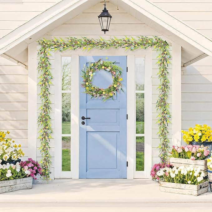 6.5 ft Easter Garland-Spring Garland Egg and Mixed Berry Garland Hanging Rustic Spring Pastel Wreaths DIY Artificial Decorations Garland for Home Indoor Outdoor Easter Mantel Decorations