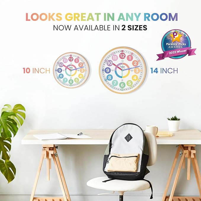 Large Pastel Kids Learning Clock – Award-Winning 14" Silent Non-Ticking Analog Wall Clock for Classroom & Kids Bedroom – Cute Colorful Room Decor & Educational Tool – Includes Teaching Time E-Book