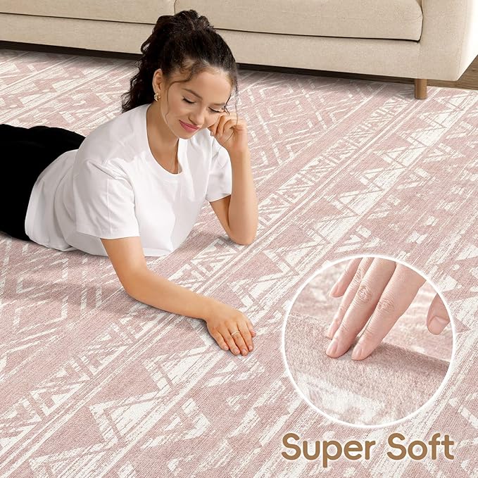cotiled 8x10 Area Rug Living Room: Washable Boho Rugs with Non Slip Backing Large Soft Indoor Stain Resistant Carpet for Bedroom Farmhouse Dining Room Lightweight Home Decor Lotus Pink