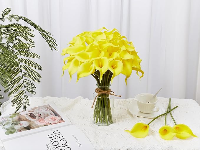 24 Pcs Yellow Artificial Calla Lily Flowers Fake Yellow Silk Flowers Real Touch for Wedding Bouquet Office Home Kitchen Decor