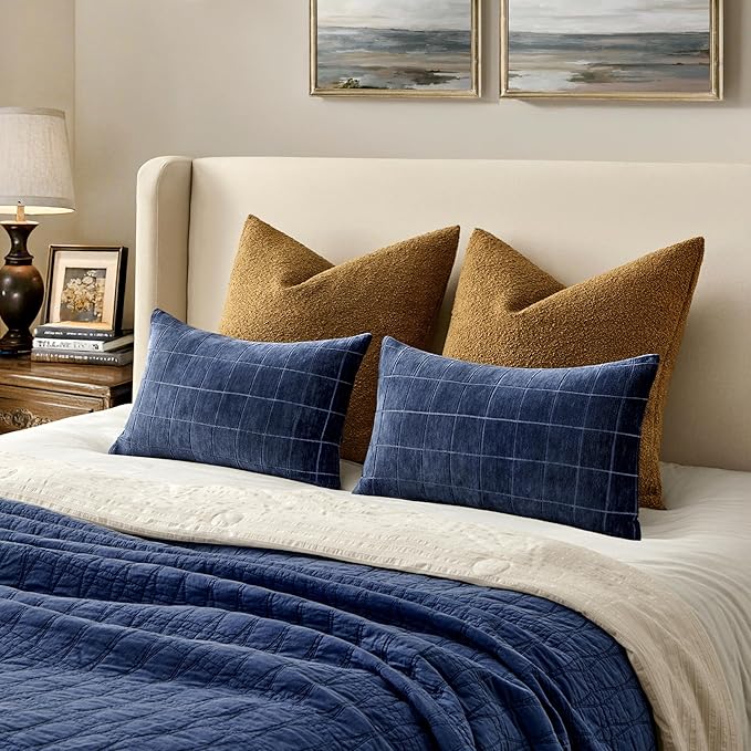MIULEE Decorative Chenille Check Lumbar Throw Pillow Covers Vintage Plaid Couch Pillows 12x20 Inch Set of 2 Neutral Boho Cushion Covers Modern Home Coastal Decor for Sofa Bed Living Room Navy Blue