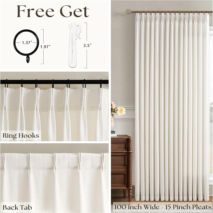 Extra Wide 100 Inch Width Curtains 96 Inches Long Pinch Pleated for Patio Sliding Door Light Filtering Semi Sheer Linen Drapes Back Tab Cream Ivory Extra Wide 100 x 96 Curtain for Living Dining Room
