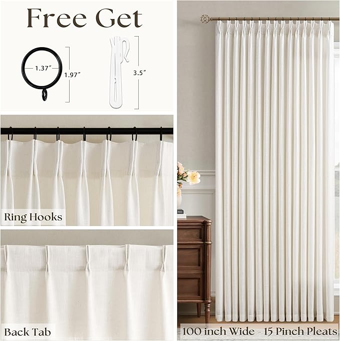 Cream Patio Sliding Door Curtains 100 Width 102 Inches Long Pinch Pleated Curtain Drape with Hooks Rings Light Filtering Semi Sheer Extra Wide 100x102 Drape for Living Dining Room Natural 1 Panel