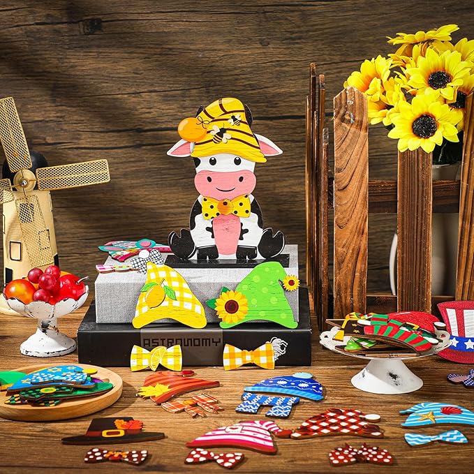 42 Pcs Small Interchangeable Cinco De Mayo Cow Figurine Farmhouse Holiday Cow Office Decor Seasonal Sign Desk Accessories Mexican Tier Tray Home Decoration Wood Welcome Ornament Gift