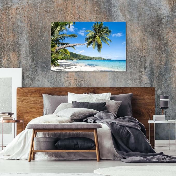 Beach Palm Tree Wall Art Coastal Ocean Pictures Wall Decor for Living Room Nature Scenery Canvas Print Tropical Seascape Painting Ocean Artwork for wall Bathroom Bedroom Kitchen Home Decorations 32x48