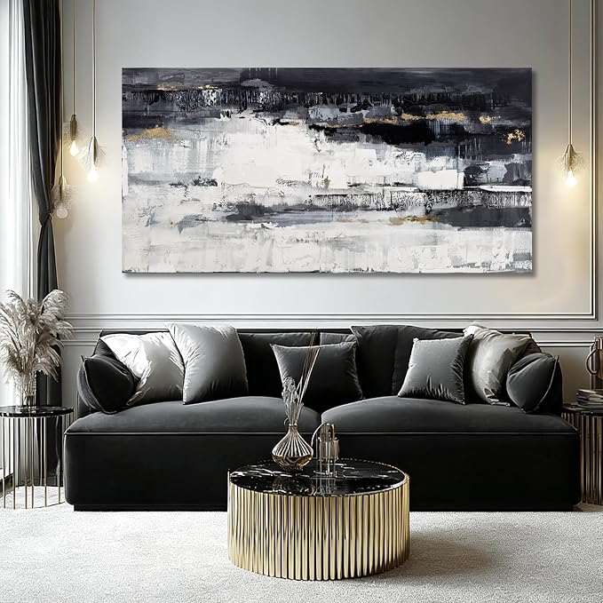 Dolidoteart Canvas Wall Art, Black White Gray Abstract Wall Art Print, Modern Gold Accent Horizontal Artwork for Living Room Bedroom Office, 24x48 Inch