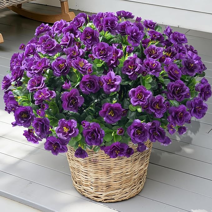 Artificial Faux Outdoor Flowers Plants for Spring Summer Decoration, Fake Silk Camellia UV Resistant Look Real for Planter Outside Front Door Porch Patio Balcony, 3 Large Bundles (Dark Purple)