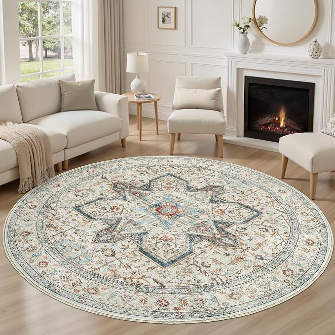 Tortania 10' Round Area Rug Living Room Rugs - Washable Boho Rug Vintage Oriental Distressed Farmhouse Large Thin Indoor Carpet for Bedroom Under Dining Table Home Office - Aqua Multi