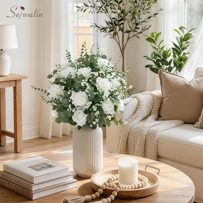 Serwalin 240 Pcs Mixed Eucalyptus Greenery Stems, White Silk Roses and Babys Breath Artificial Flowers for DIY Wedding Bouquets Home Party Arrangement Floral Vase Decor