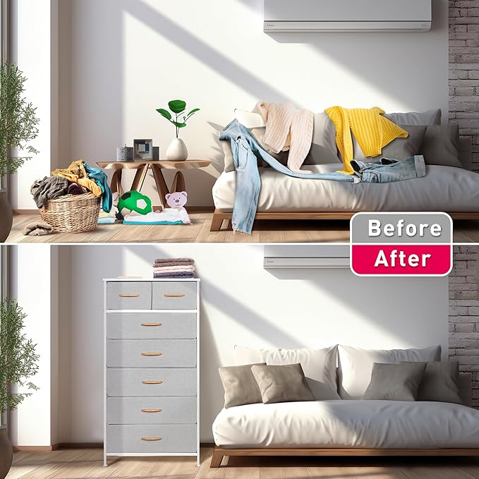 Mifuro Tall Dresser for Bedroom, Vertical Storage Organizer Tower with 7 Drawers, Chest of Drawers with Fabric Bins, Steel Frame, Wood Top for Bedroom, Closet, Entryway- Light Grey