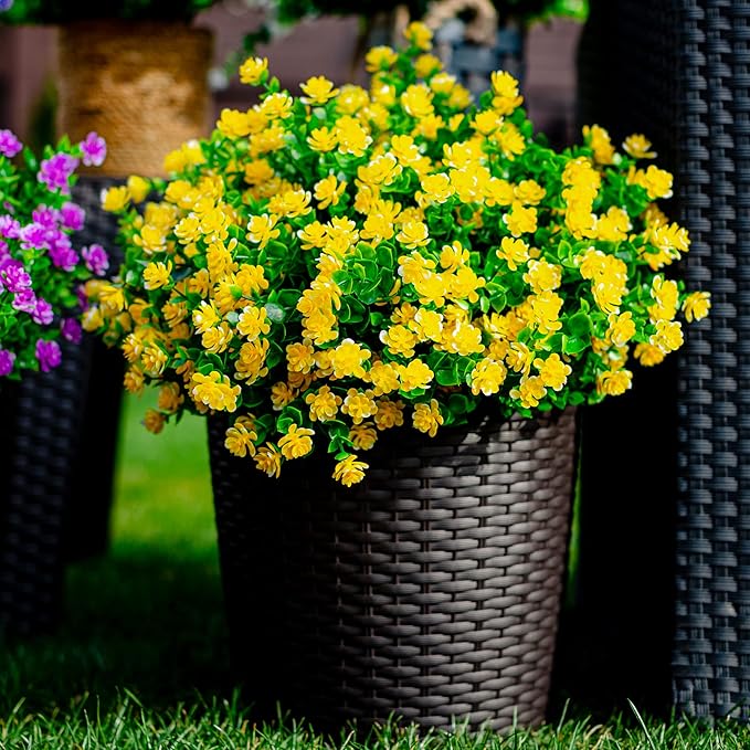 AXYLEX Artificial Flowers Outdoor Fake Plants - 12 Bundles UV Resistant No Fade Faux Plastic Greenery Boxwood Shrubs Home Garden Porch Patio Decoration (Yellow)