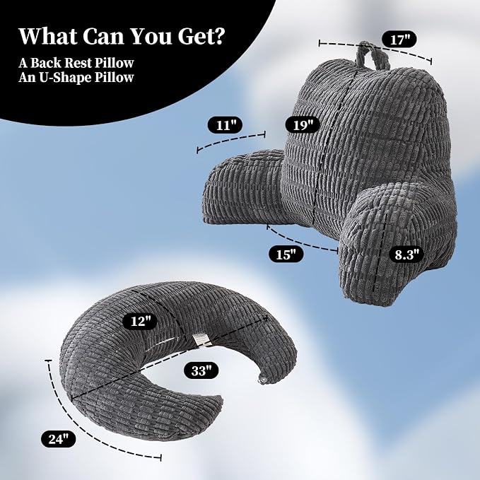 19" Reading Pillow for Bed,U Shaped Arm & Elbow Support,Gray Corduroy | Backrest Supports Back,U Shaped Lap Pillow Cushions Arms,Elbows & Wrists,Ribbed Corduroy for Reading,Gaming,Watching TV