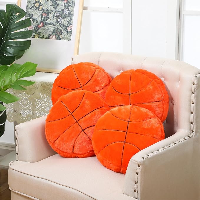 Gerrii 4 Pcs Sports Throw Pillows Basketball Softball Football Soccer Volleyball Tennis Pillow Fluffy Stuffed Plush Cushion Gift for Senior Night Home Bedroom Decor Birthday Present(Basketball)