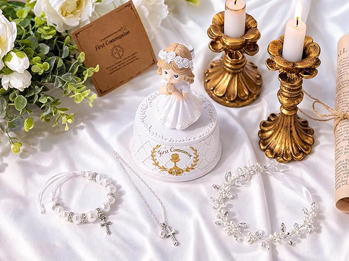 First Communion Gifts for Girls- First Holy Girl Figurine with Keepsake Box & Flower Girl Headpiece & Cross Necklace & Cross Bracelet Included, 1st Communion Gifts for Girls