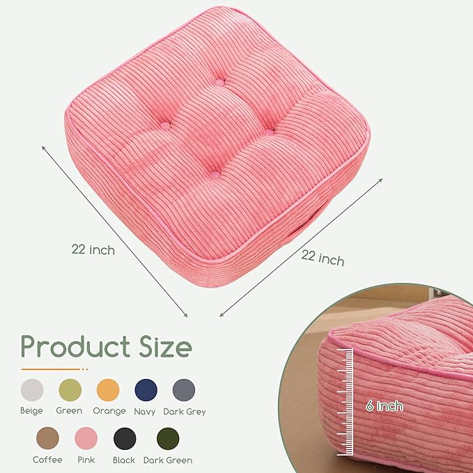 HIGOGOGO 6" Extra Thick Floor Pillow Cushion for Adults, Meditation Cushion Pillow, Large Square Floor Sitting, Tufted Corduroy Cover, for Tatami Living Room or Yoga, 22x22 Inch, 2Pack, Pink