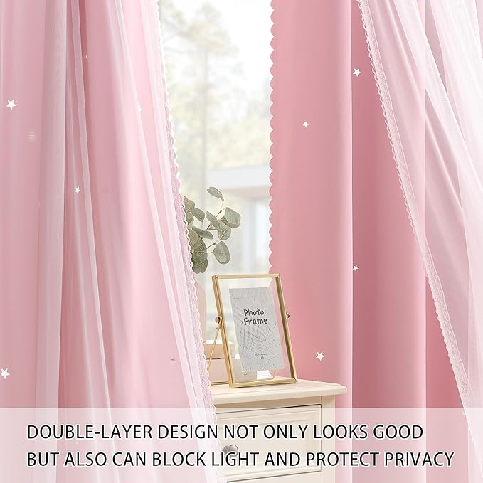 XiDi Light Pink Blackout Curtains for Girls Bedroom 90 Inches Long 2 Panels, Thermal Insulated Room Darkening Drapes for Nursery Living Room Grommet Top Noise Reducing Hollow Star Curtains W34 x L90