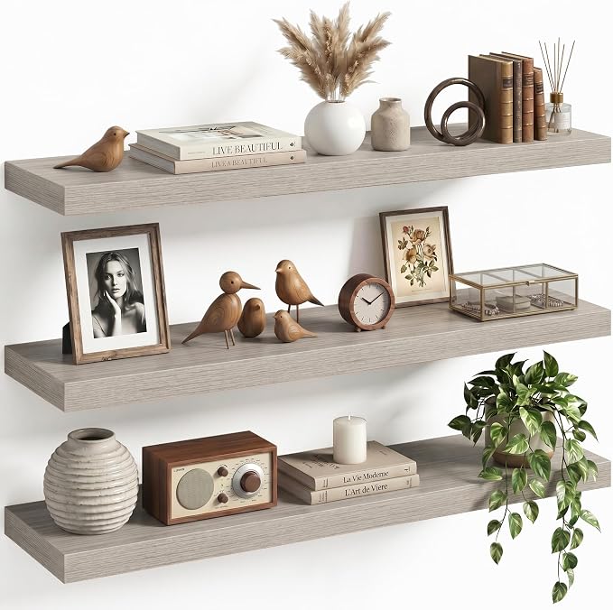 32" Floating Shelves for Wall, Set of 3, 8" Deep, 1.5" Thick, Gray | Rustic Wood Wall Shelves with Invisible Brackets, Storage and Display for Bathroom, Bedroom, Living Room or Kitchen