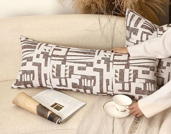 Long Lumbar Pillow Cushion Cover 14x36, Double Sided Modern Geometric High-Density Jacquard Polyester Pillow Cover for Sofa, Bed, Bench, Bedroom, Living Room (Brown)