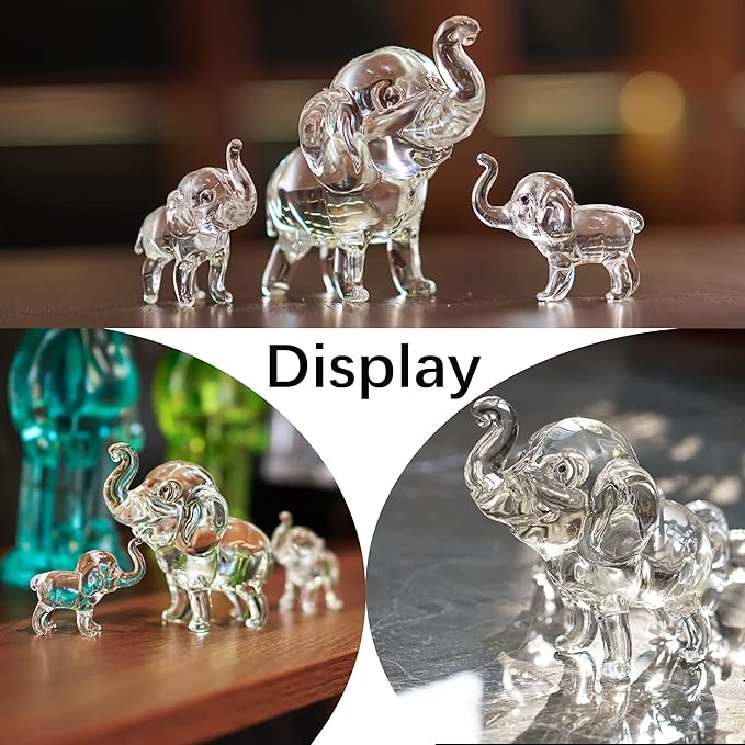HDCRYSTALGIFTS Set of 3, Crystal Elephant Figurines Collectible Lucky Glass Animals Paperweight Ornament Home Decor Table Centerpiece Gift (3.5'' Mother and 2'' Two Babies)