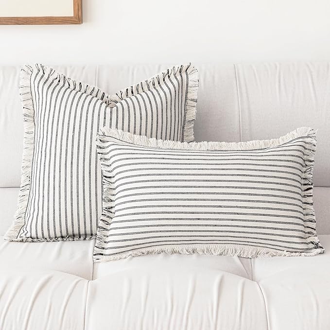 YEENAASY Throw Pillow Covers 18x18 Set of 2 Striped Fringe Pillow Cover Farmhouse Cushion Covers with Tassel Neutral Boho Pillows Decorative Square Pillowcase for Couch Sofa Bed, Black