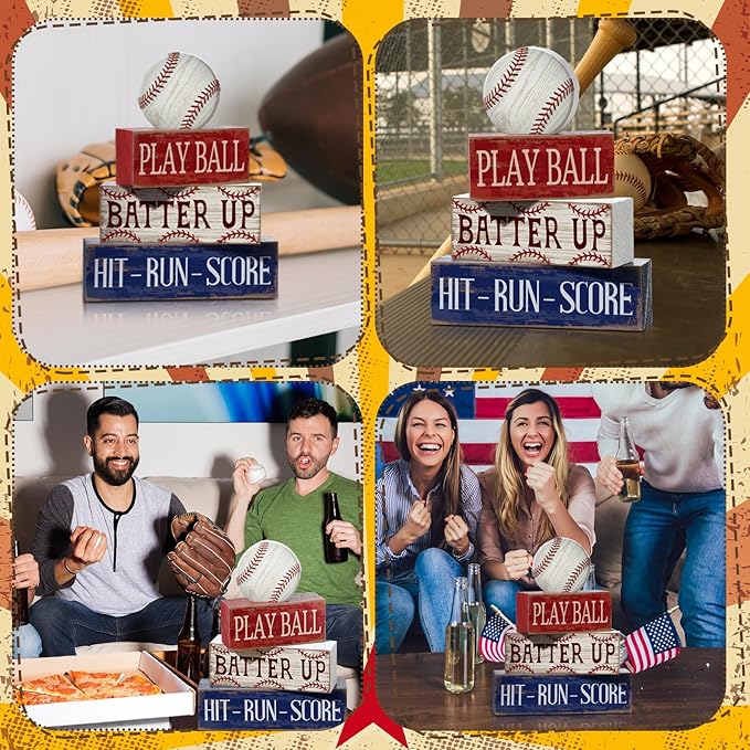 Yuntau 4 Pcs Baseball Decorations Sports Wooden Sign Baseball Centerpieces for Tables Tiered Tray Decor Decorative Mini Faux Book Stack Block for Bedroom Boys Room Party Coffee Mantel Shelf