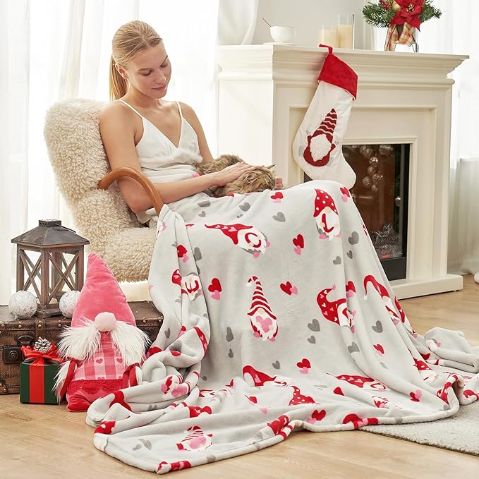 Cozy Bliss Premium Gnome Love Heart MilkyPlush Throw Blanket, Soft Cozy Print Fleece Blanket for Couch, Home Décor, Easter and Mothers Gift, 290GSM, Gnome Love,60"x80"