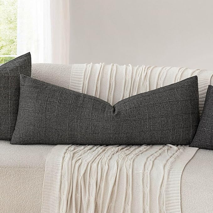 Foindtower Set of 2 Decorative Linen Check Throw Pillow Covers Neutral Long Body Lumbar Cushion Covers Farmhouse Vintage Home Decor for Sofa Chair Couch Bedroom Living Room,14×36 Inch,Charcoal