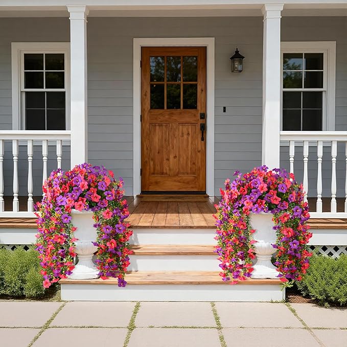 Artificial Fake Flowers Plants for Outdoor Spring Summer Decoration,2 PCS Faux Silk Morning Glory with Eucalyptus Leaves,UV Resistant Realistic Outdoor Flowers for Balcony Porch Patio Yard Garden