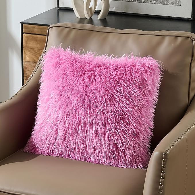 FUTEI Pack of 2 Shaggy Mongolian Faux Wool Throw Pillow Covers 18x18 Inch Soft Decorative Cushion Case for Couch Bed Living Room, Hot Pink
