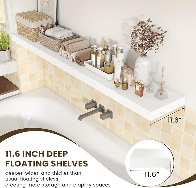 FLYJOE Deep Floating Shelves, 72 Inch White Shelves Set of 1 | 12 Inch Deep Shelves for Wall, 72'' x 12'' Rustic White Wood Shelves for Bathroom Living Room Laundry Room Kitchen