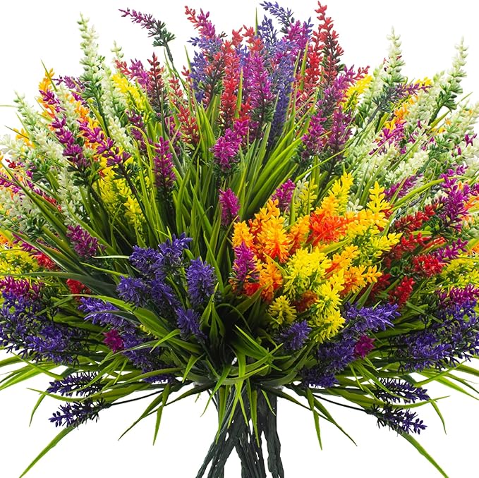 Grunyia Artificial Lavender Plants with Mixed Color Flowers, 20 Bundles, Outdoor Decorative Grass