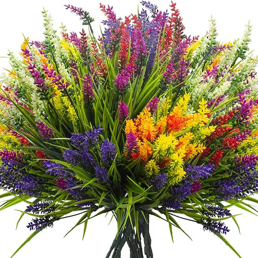 Grunyia Artificial Lavender Plants with Mixed Color Flowers, 20 Bundles, Outdoor Decorative Grass