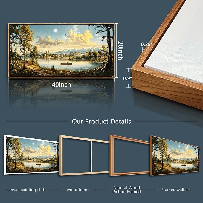 XIGUANGART Landscape Wall Art, Nature Wall Art, Large Framed Wall Decor, Riverside Farm Canvas Art Prints,Vintage Rustic Farmhouse Wall Decor Paintings for Living Room Bedroom Bathroom Kitchen 20"X40"