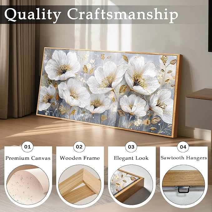 imjiayu Large Wall Decor, Flower Wall Art, Framed Wall Art, Botanical Floral Luxury Paintings, White Gold Modern Wall Decor for Living Room Bedroom Dining Room Hallway Office Picture Prints 24"x48"