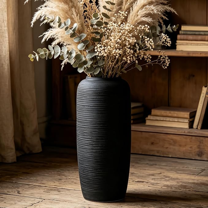 Black Rustic Ceramic Farmhouse Tall Floor Vase,15.7 Inch Vintage Large Vases Pottery Clay Terracotta Rustic Vase for Home Decor Living Room Entryway Table Centerpieces,Kitchen,Housewarming Gifts