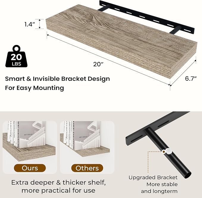 Dreamland 20Inch Floating Shelves for Wall 6.7" Deep Grey Set of 2 | Wall shelves for bathroom, bedroom, Living Room, kitchen, deep wall mount wood storage display for home decor 20" x 6.7"