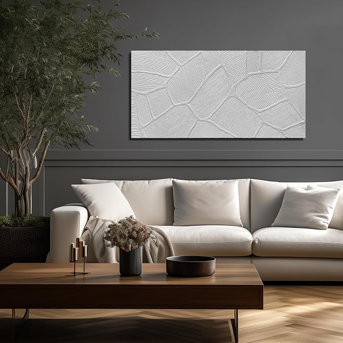 DNIEOTU Abstract Textured Canvas Wall Art for Living Room, White Wall-Decor for Bedroom, Modern Minimalist Geometric Paintings for Hallway Office, Size 47 x 24 Inches Hand Painted