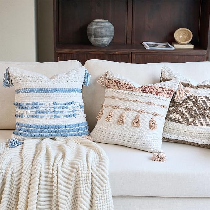 DEZENE Handmade Decorative Pillow Cover Boho Accent Woven Textured Square Throw Pillow Case for Couch Sofa Farmhouse Living Room Home Decor 18"x18" Sky Blue