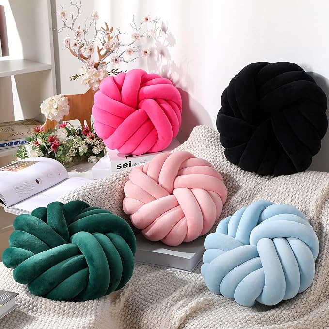 Fumete 2 Pcs 14 Inches Knot Pillow Round Throw Soft Plush Knot Ball Pillow Handmade Knotted Modern Home Decorative Cushion for Bed Bedroom, Sofa, Couch (Sky Blue)