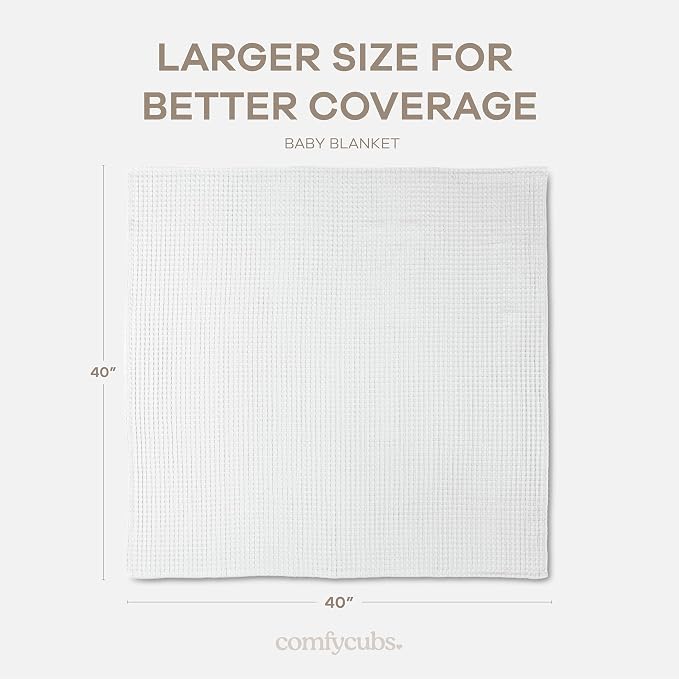 Comfy Cubs Waffle Weave Baby Blanket - 40” x 40” Cotton Blanket with Textured Design - Lightweight Swaddle for Bed, Crib, Stroller, or Couch - Soft and Cozy Cover for Toddlers, Boys & Girls - White