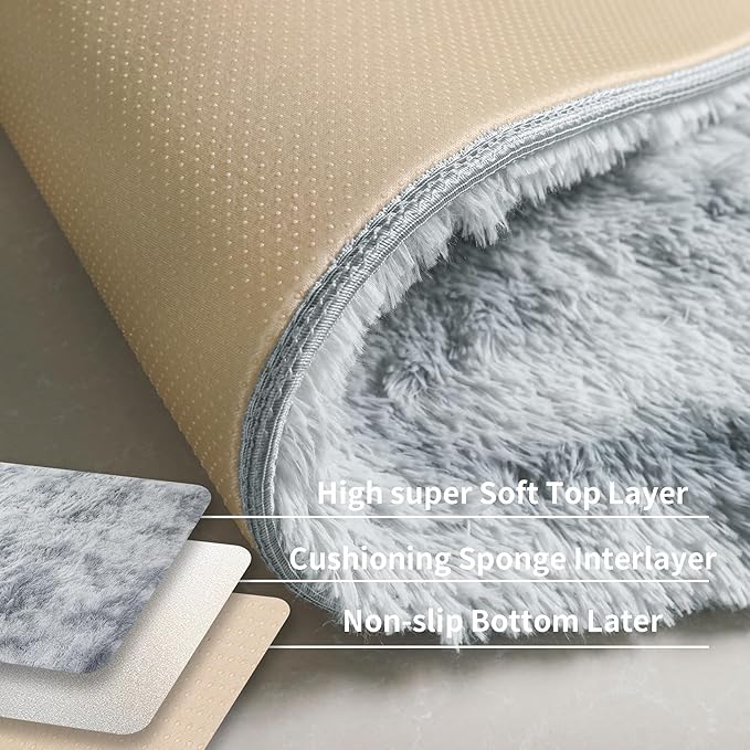 KICHOWUA 6x9 Light Grey Fluffy Shag Area Rug for Bedroom, Soft Plush Fuzzy Washable Non Slip Carpet for Living Room, Modern Comfy Furry Shaggy Large Rug for Kids Baby Boys Nursery Dorm, Tie-Dye Gray