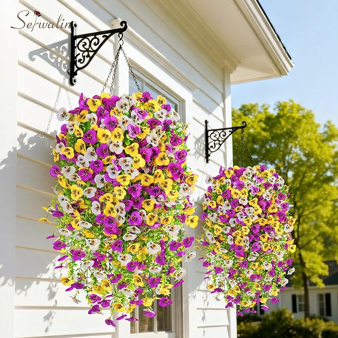 Serwalin Artificial Fake Hanging Flowers for Outdoors Planters,6PCS UV Resistant Faux Pansy Spring Flowers for Outside Porch Patio Garden Window Box (Yellow Lavender White)