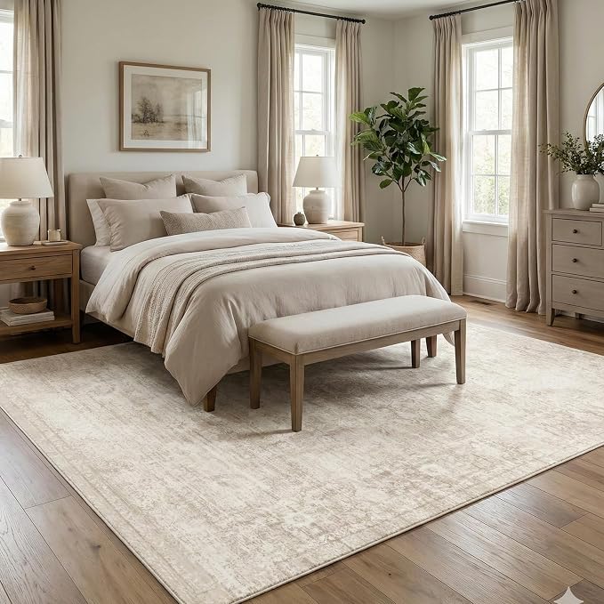 Homemate Washable Rug 5x7 Area Rugs - Vintage Faux Wool Rugs for Living Room Bedroom Dining Room - Non Slip Foldable Carpet Indoor Area Rug for Home Decor（5'x7', Beige