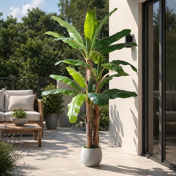 7FT Artificial Banana Tree with Realistic Banana Leaves Large Faux Tropical Plant Artificial Plants Outdoor Fake Tree for Patio Balcony Garden Home Office Indoor Decor (with Faux Moss)