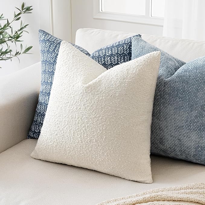 MIULEE 16x16 Inch Decorative Pillow Covers for Couch Bed Set of 2 Textured Boucle Neutral Throw Pillow Covers Cream White Accent Solid Pillowcases Sofa Living Room Home Decor
